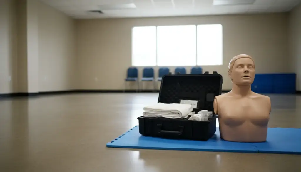 A training manikin, an open equipment case and a mat set out in a room prepared for a session